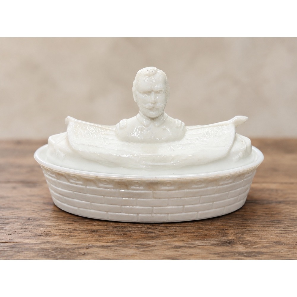 Antique Admiral Dewey Milk Glass Covered Dish Spanish American War George Dewey